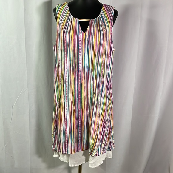 Nina Leonard Colorful Striped Gauzy Sleeveless Keyhole Neck Midi Dress - Picture 1 of 16